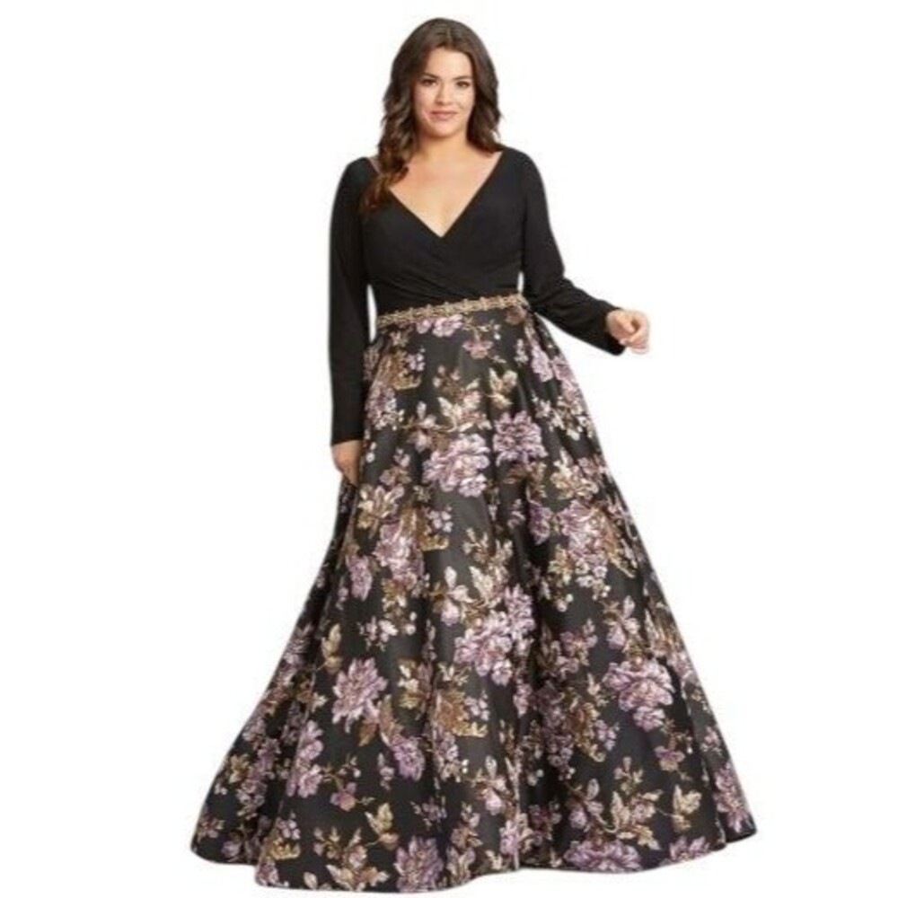Mac Duggal Elegant Black Floral Embroidery Beaded Waist Ball Gown Plus Size 18W